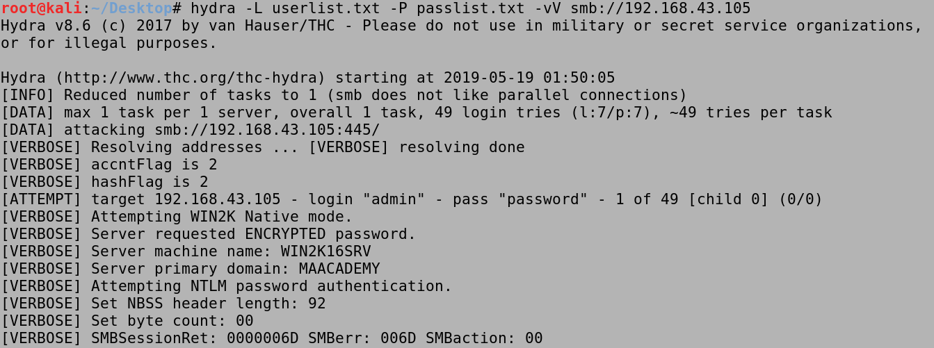 hydra with a user list and a password list and the verbose mode enabled.