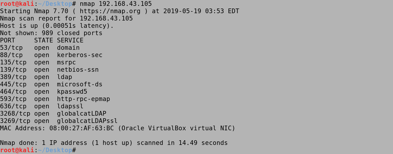 nmap scan displays the open ports on the target.