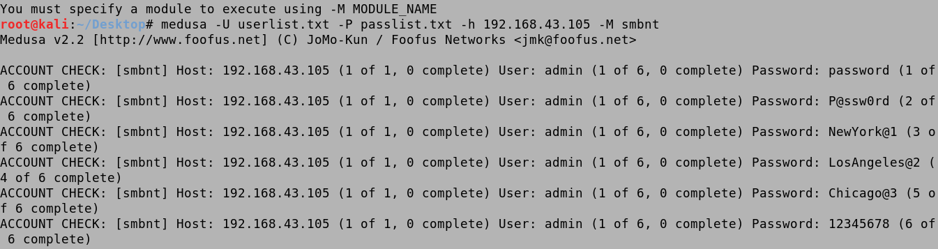 medusa with userlist and password list.