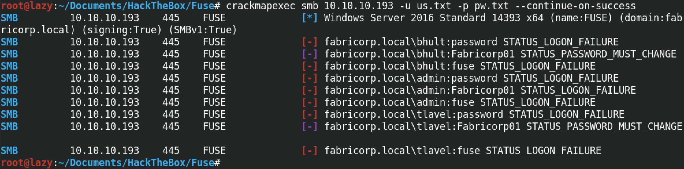 Executing crackmapexec with continue on success option.