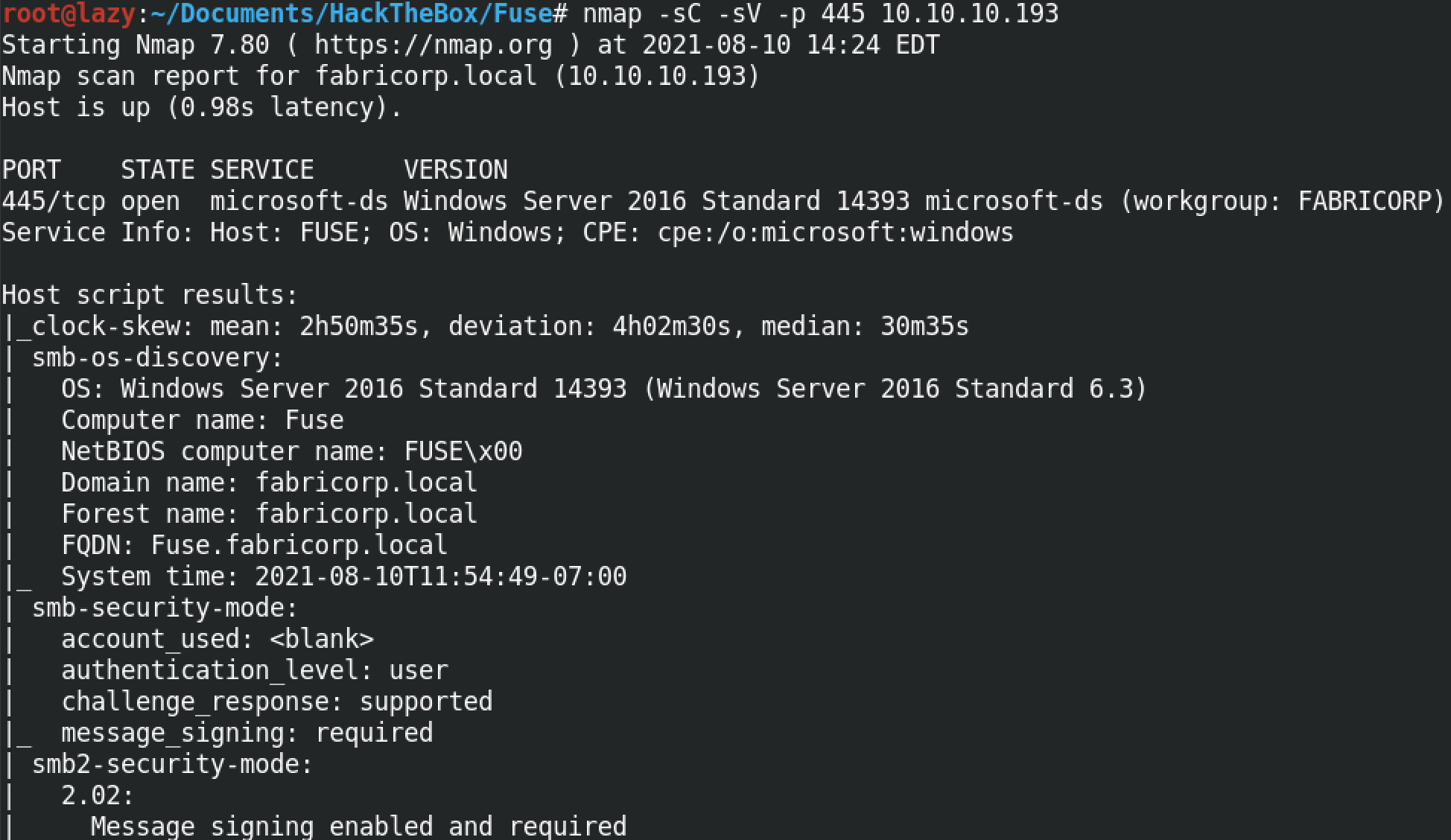 nmap scan of the target host.