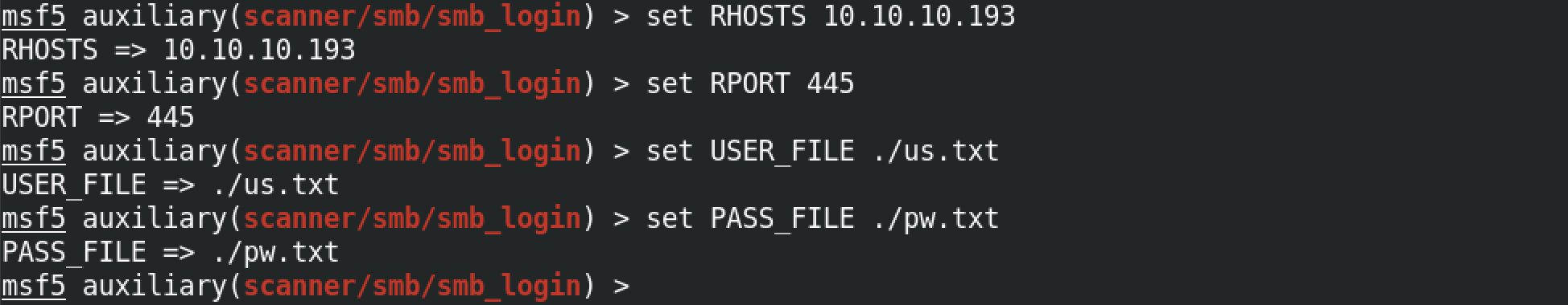 Setting the RHOSTS, RPORT, USER_FILE and PASS_FILE options.