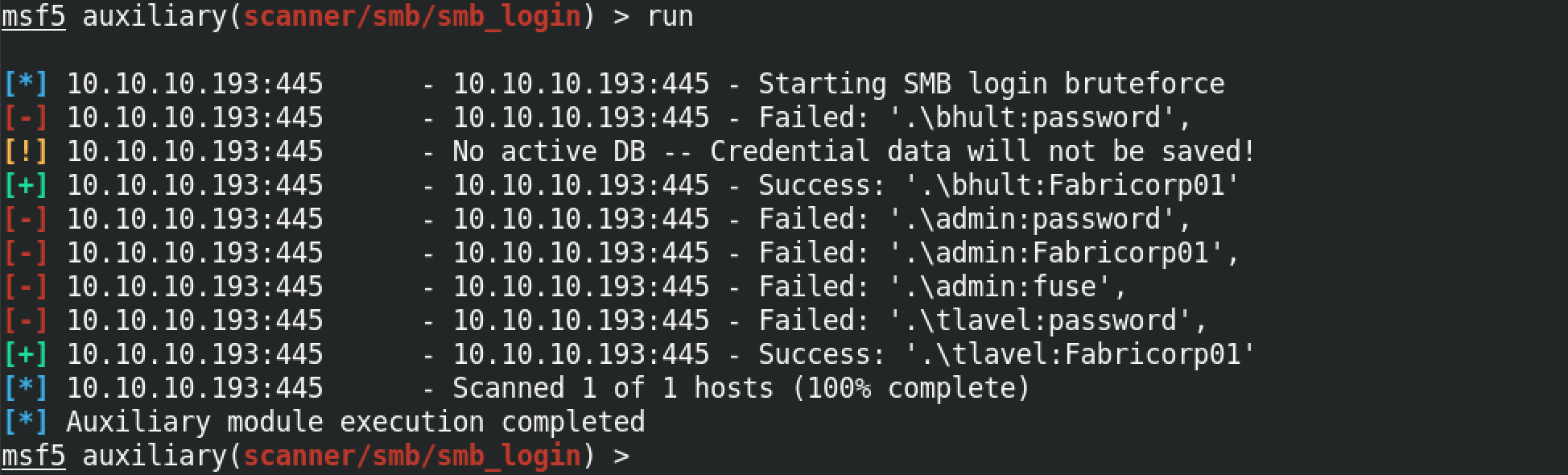 Running the metasploit smb scanner module.