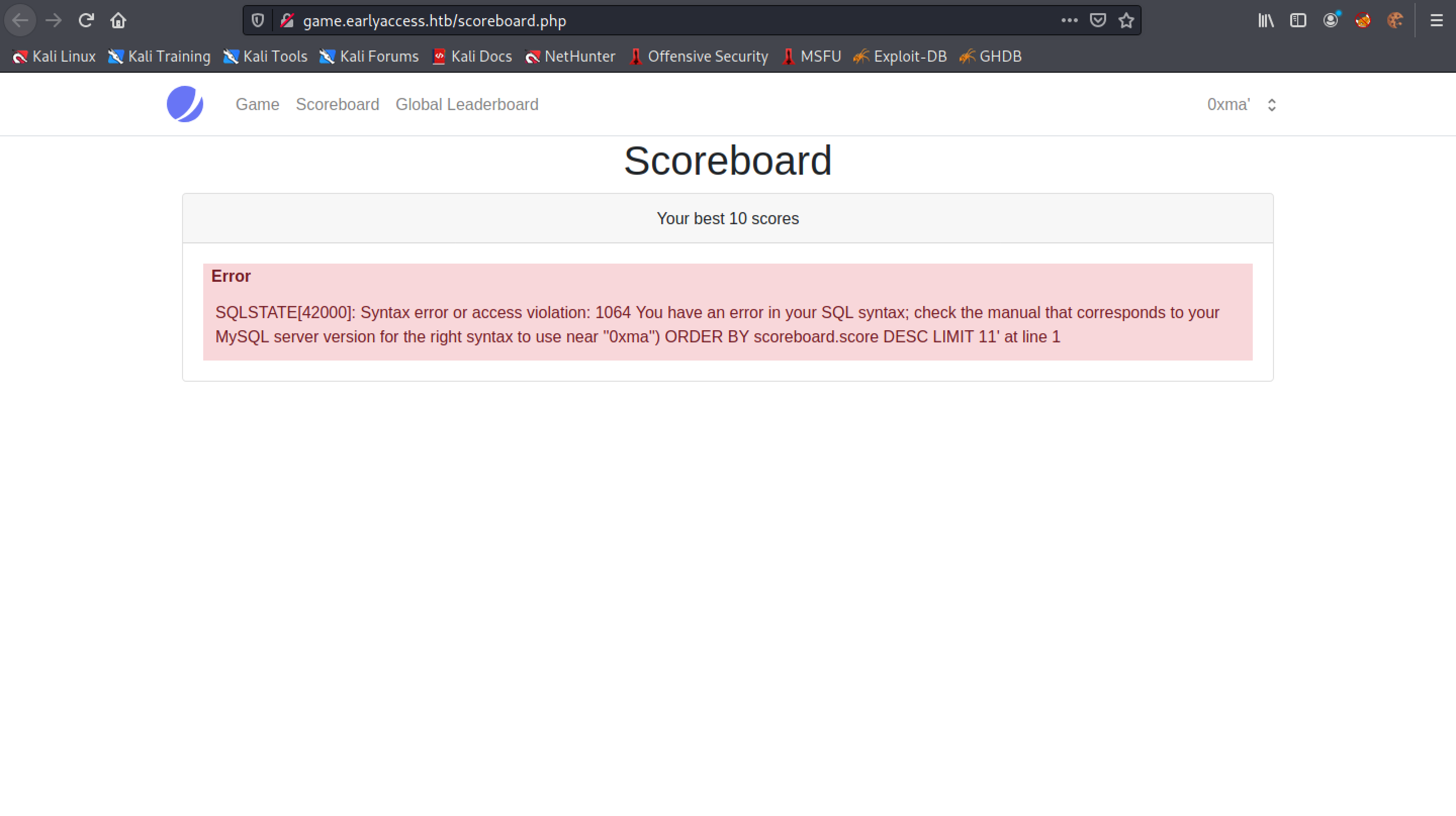 SQL syntax error in the Scoreboard page.