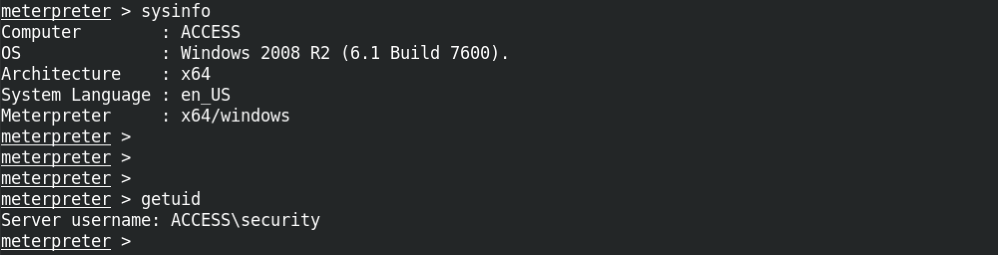 Output of 'sysinfo' and 'getuid' commands.