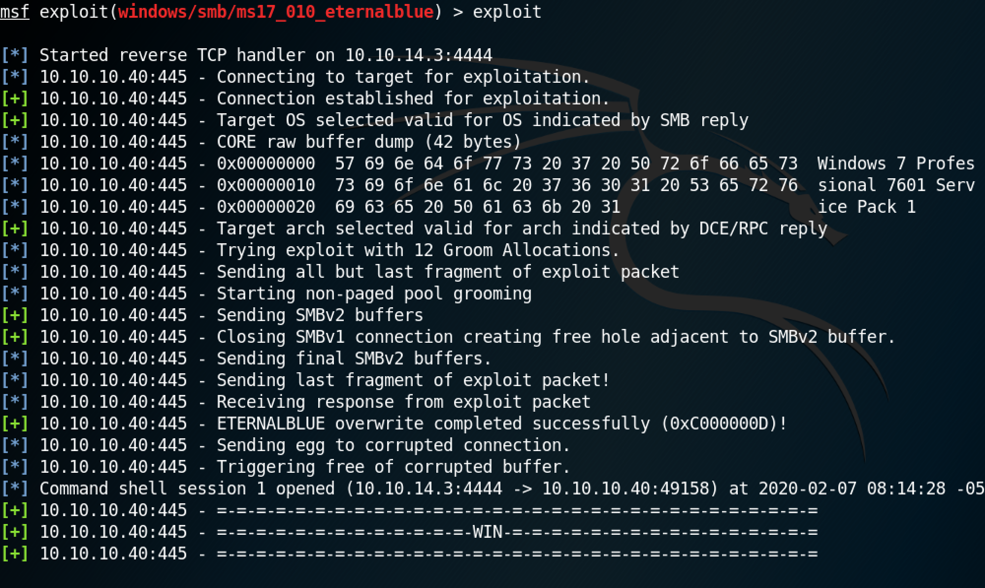 'exploit' command on Metasploit's 'exploit/windows/smb/ms17_010_eternalblue' module.