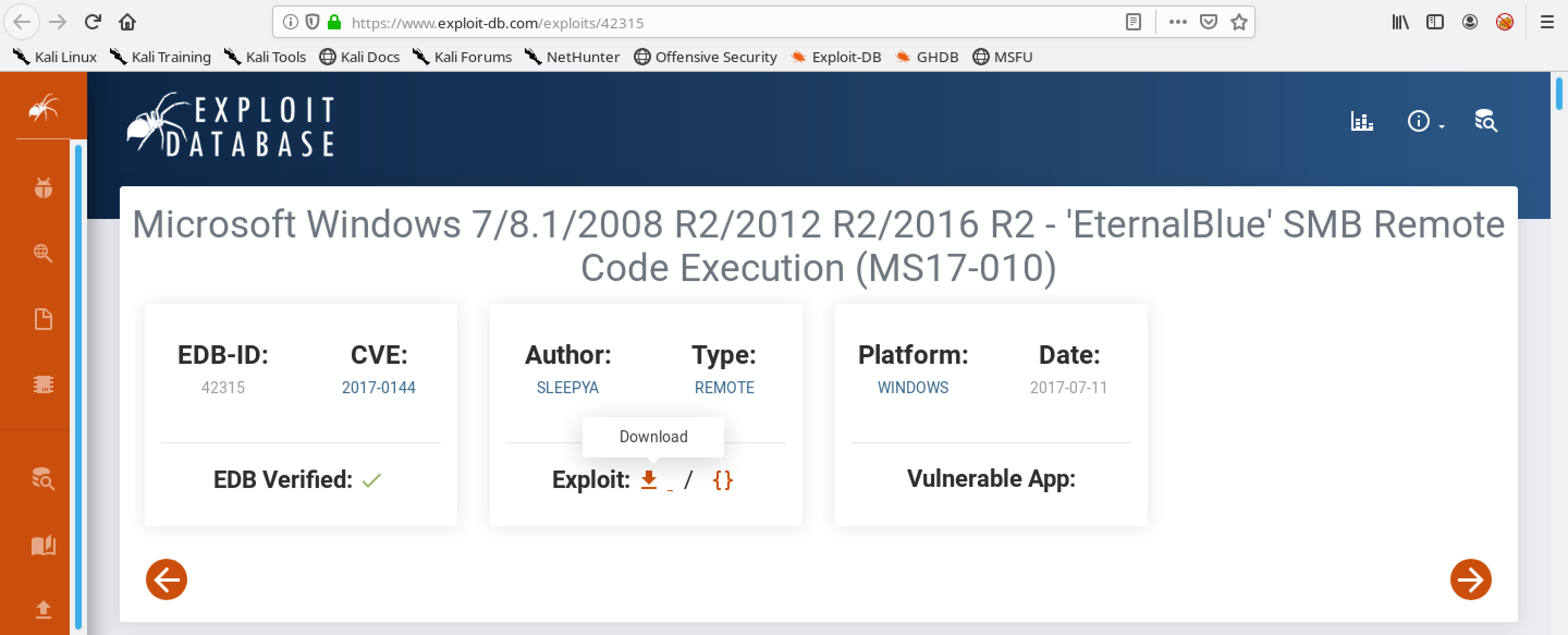 Exploit page in the Exploit Database (www.exploit-db.com).
