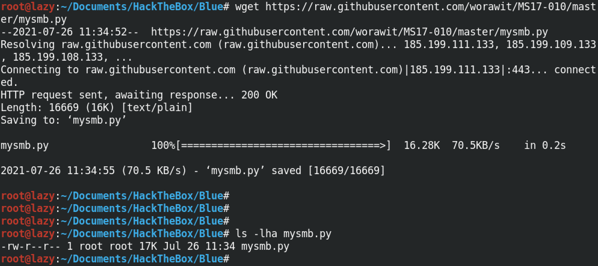 Downloading the mysmb.py script from GitHub.