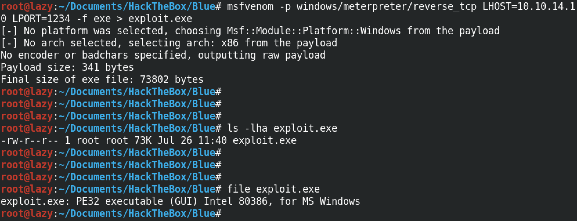 Generating a .exe payload with msfvenom.