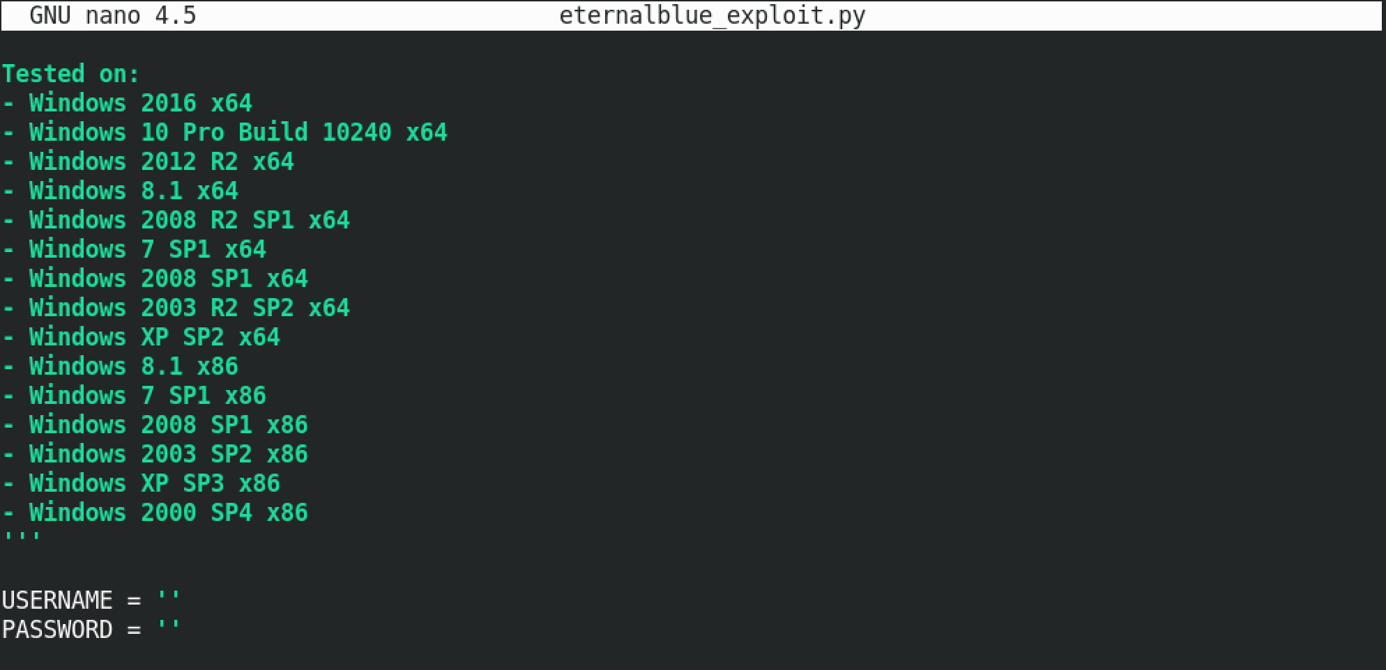 Default values of the USERNAME and PASSWORD variables in the script.