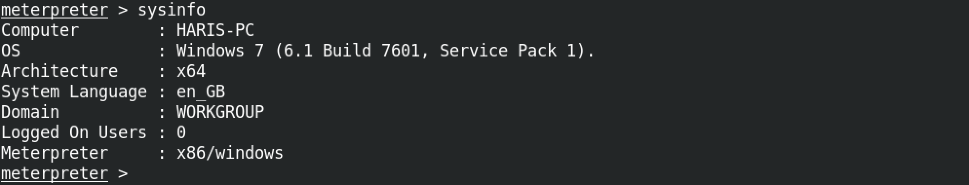 sysinfo command in meterpreter.