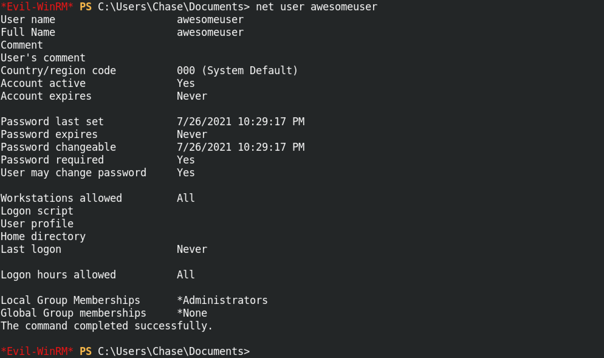 Running the 'net user awesomeuser' command.