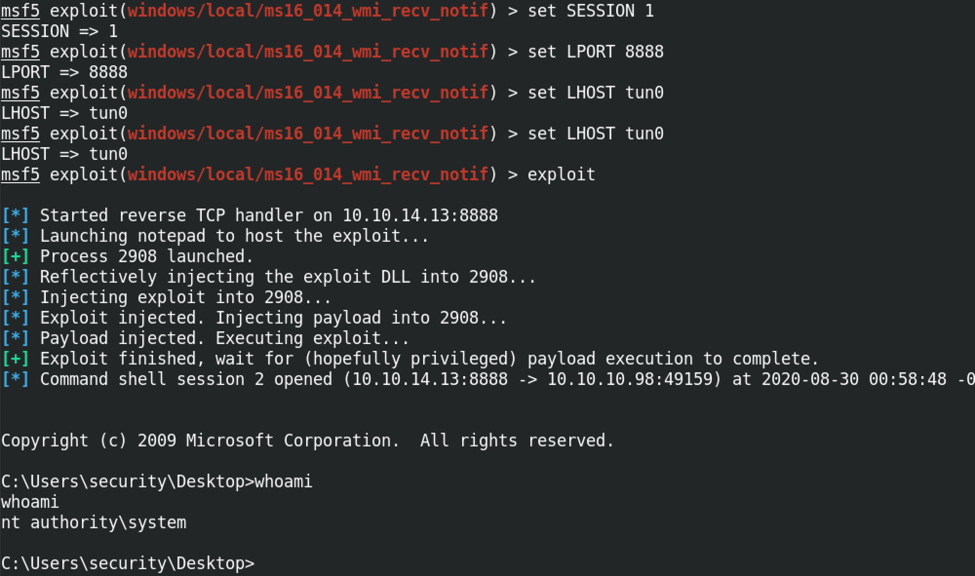Execution of Metasploit's exploit/windows/local/ms16_014_wmi_recv_notif module.