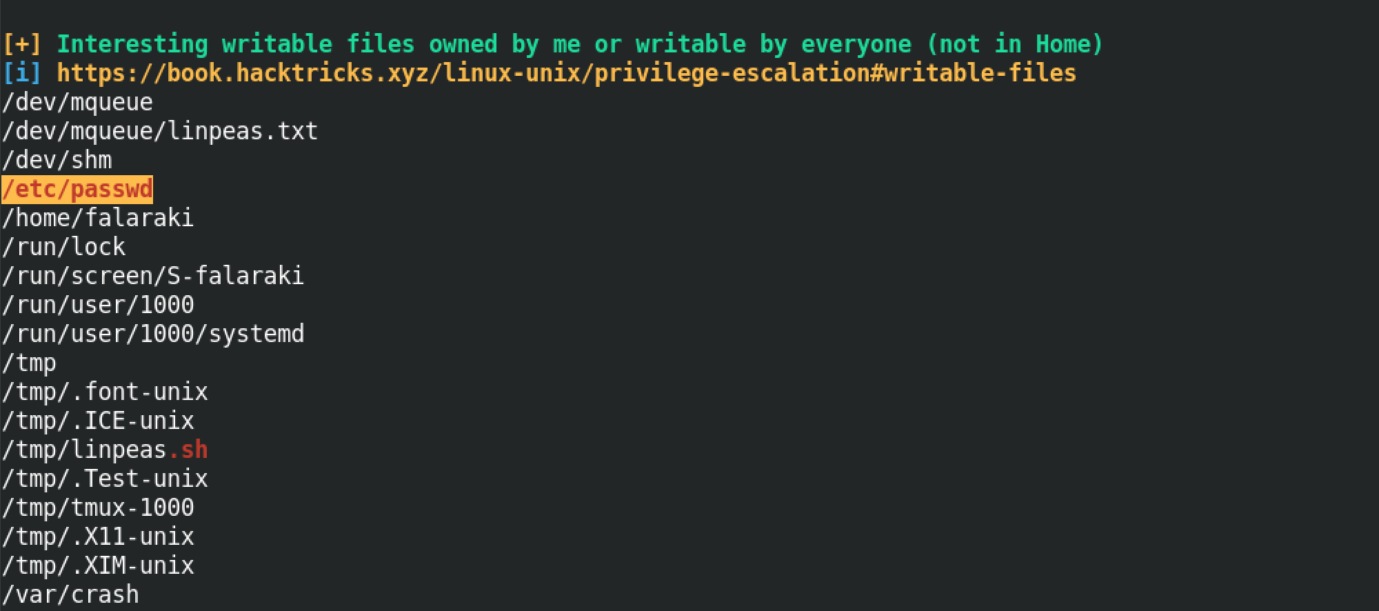 Output of linPeas which shows that /etc/passwd is writable.