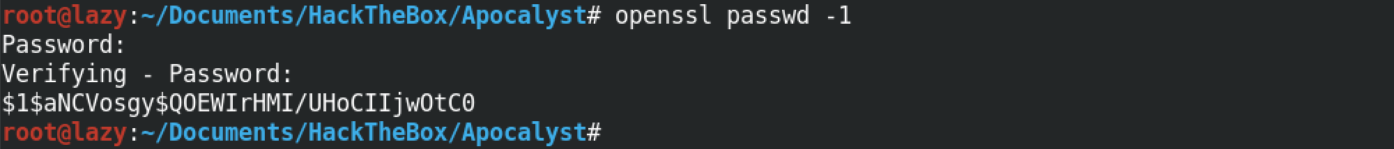 Generate a MD5 hash with openssl.