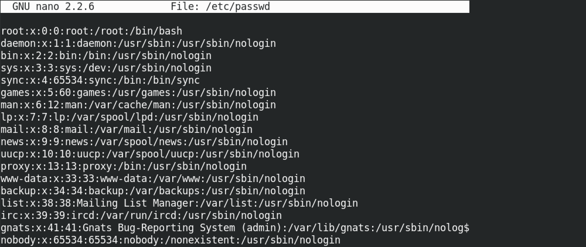 Contents of the /etc/passwd file with empty password for root.