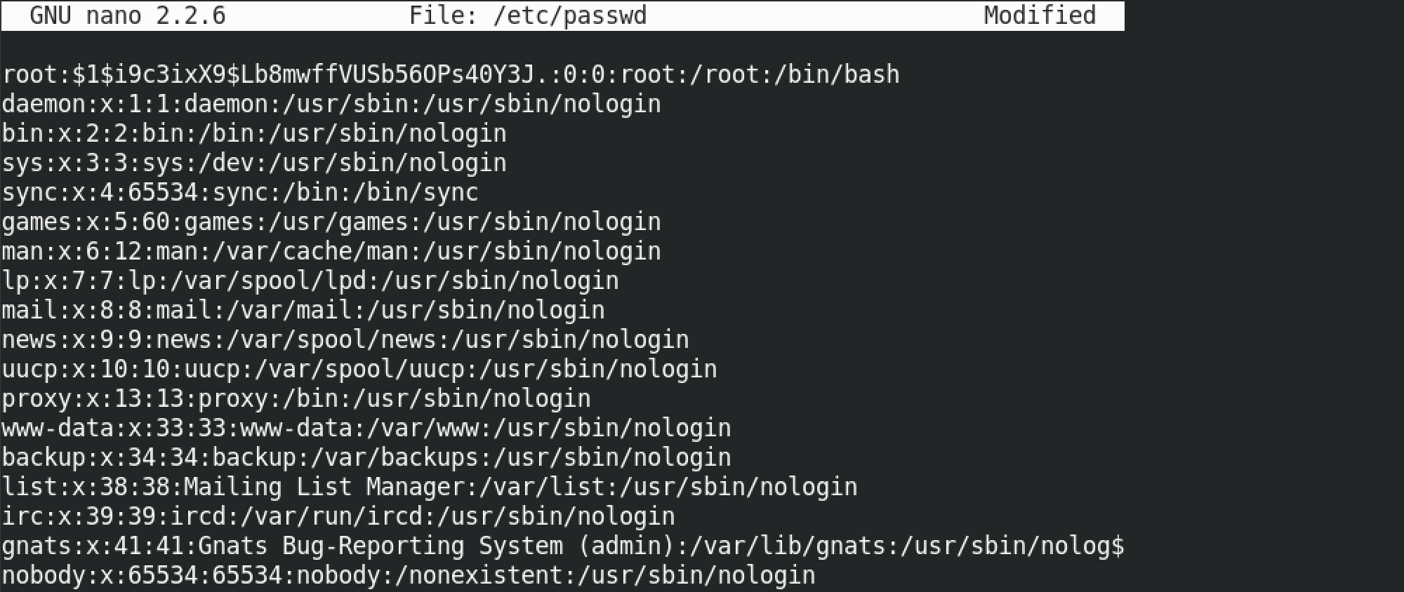 Contents of the /etc/passwd file with the newly added MD5 hash.