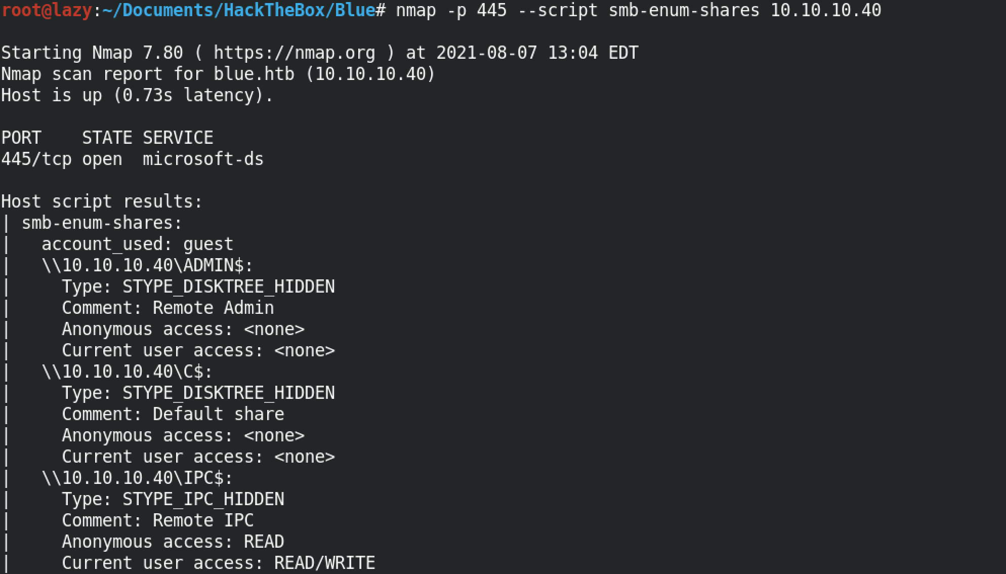 Nmap scan to enumerate SMB shares.