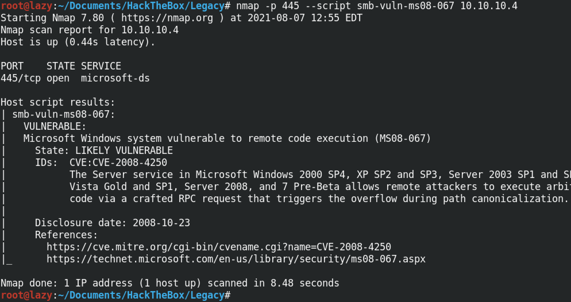 Nmap scan to find ms08-067 vulnerability.
