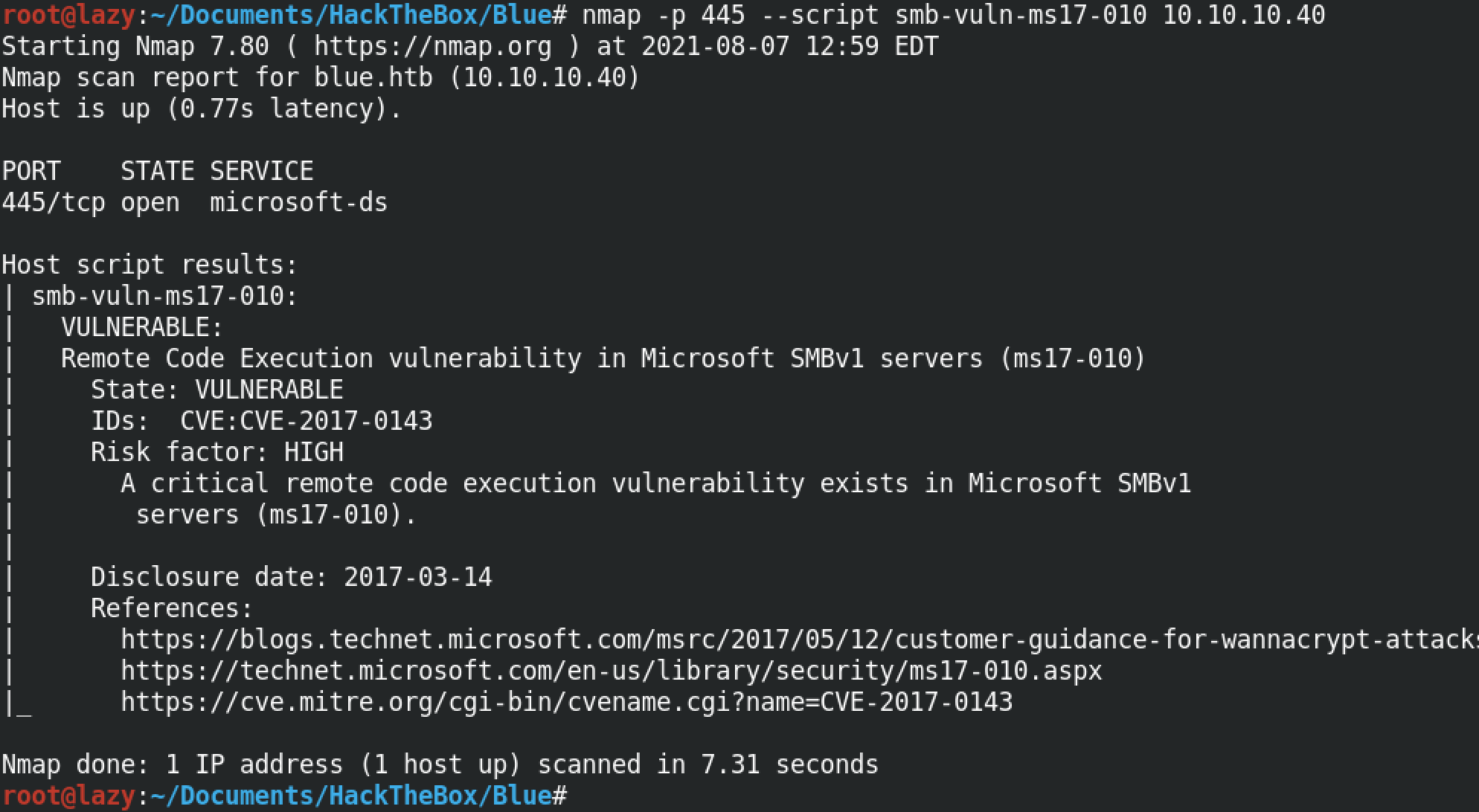 Nmap scan to find ms17-010 vulnerability.