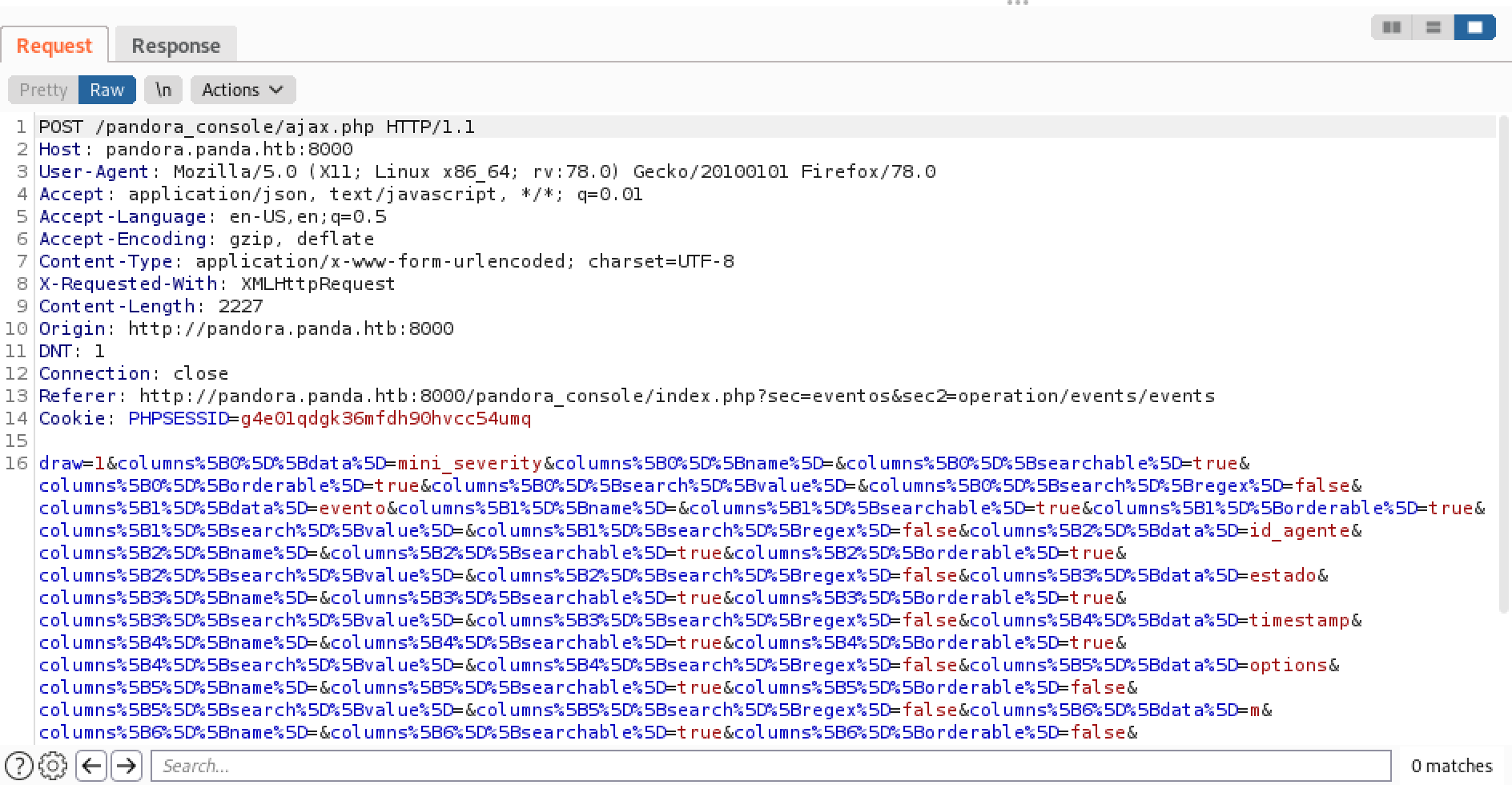 Capturing the 'View events' HTTP request in Burp Suite.