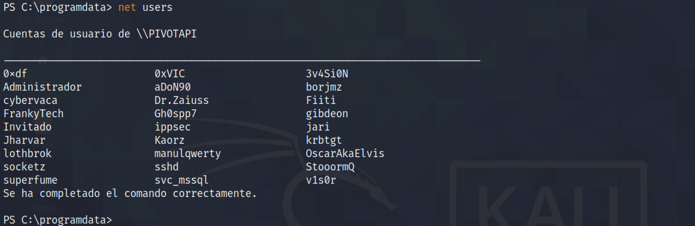 List all the users on the system with 'net users' command.