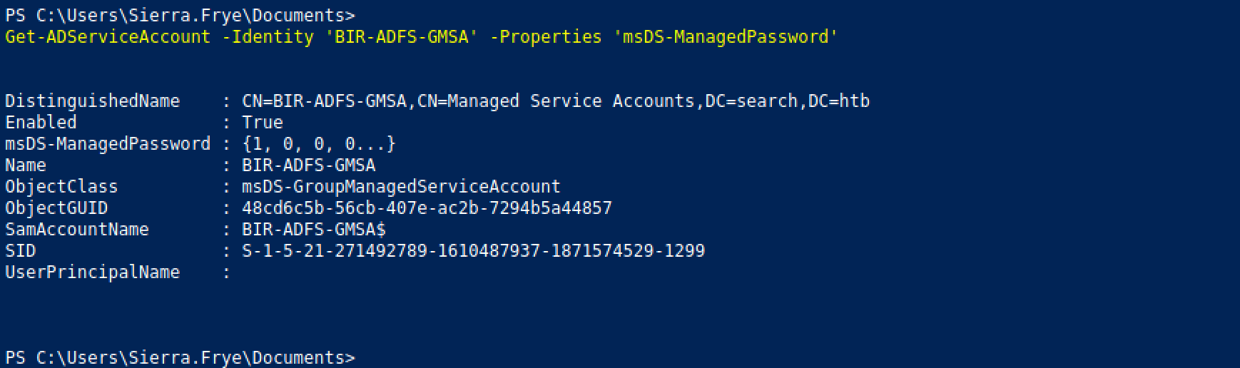 Getting the service account with the Get-ADServiceAccount with the msDS-ManagedPassword attribute.