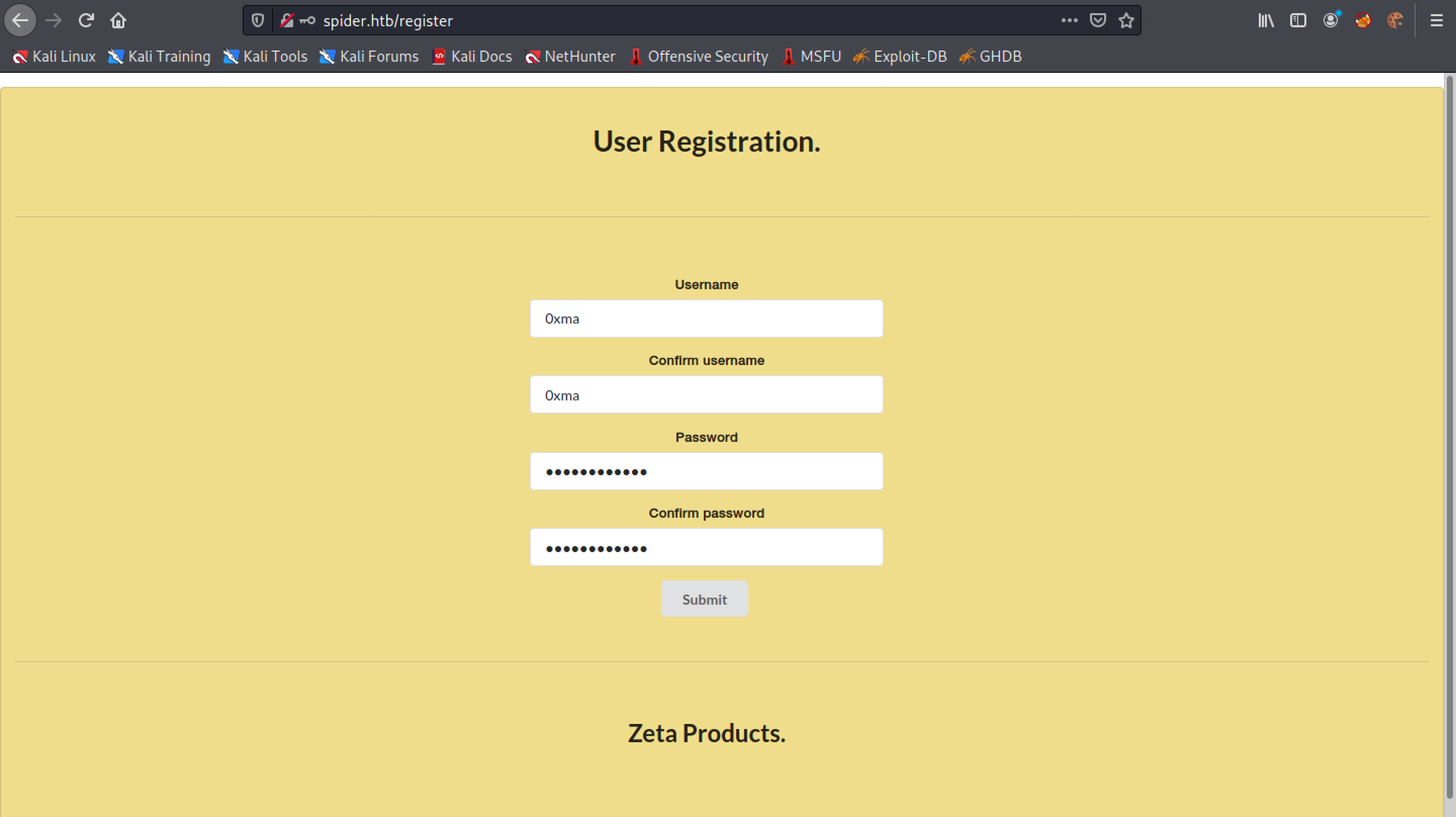User registration page.