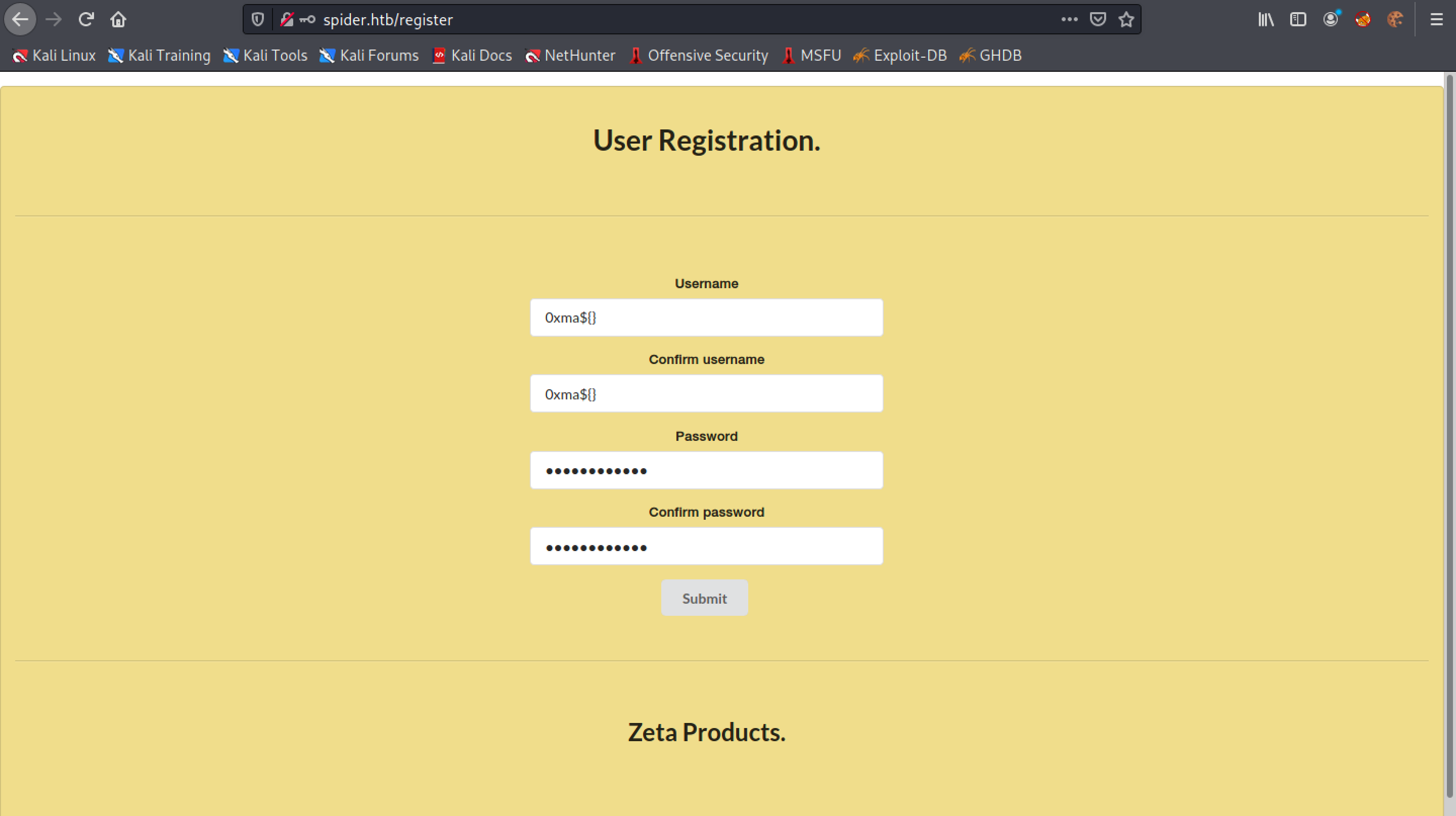 Register user with SSTI payload.