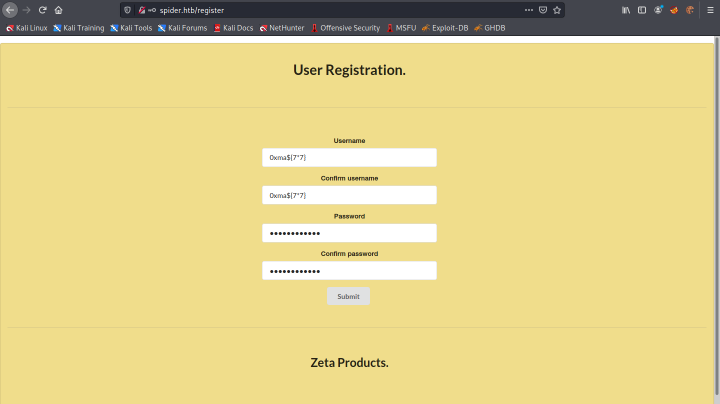 Register a user with SSTI payload.