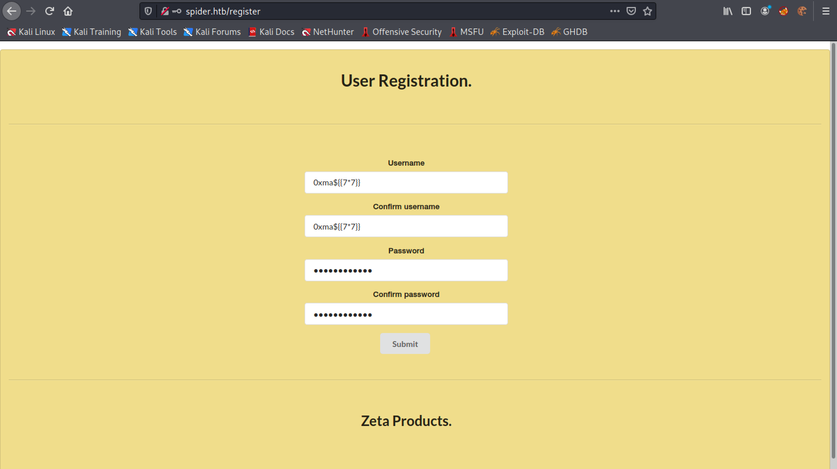 Registering a username with SSTI payload.