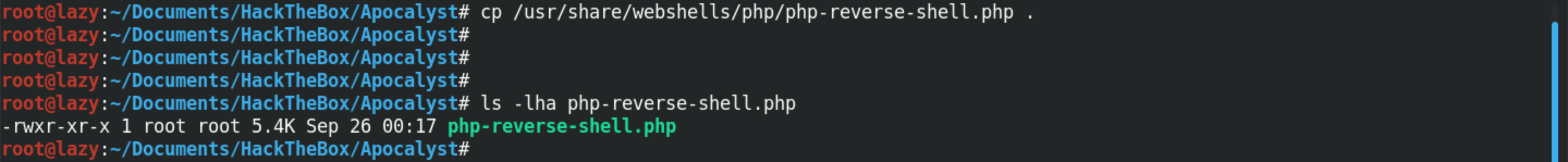 Copy the PHP reverse shell file to the current working directory.